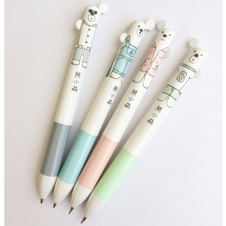 2 PCS Lovely Bear Double Writing Press Ballpoint Pen 0.5 mm Mechanical Pencil School Office Supply Gift Stationery Random Color Delivery