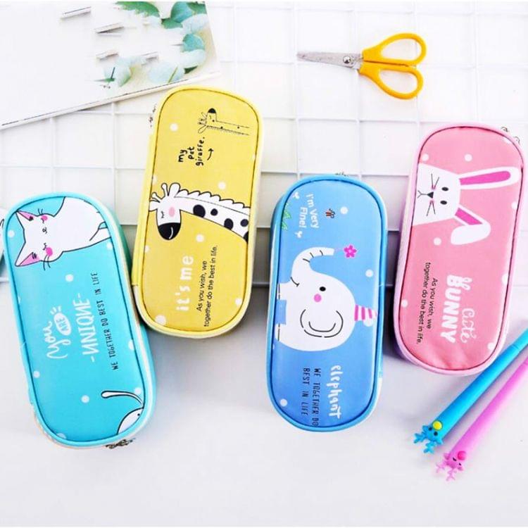 Cute Cat Pattern Pencil Case Girls Boys Large Capacity Multifunctional Leather Pencil Case Big Pencil Bag Pen Box School Stationery(Blue elephant)