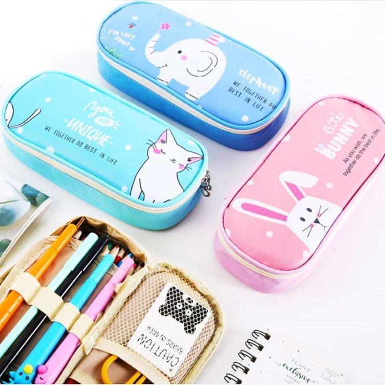 Cute Cat Pattern Pencil Case Girls Boys Large Capacity Multifunctional Leather Pencil Case Big Pencil Bag Pen Box School Stationery(Blue elephant)