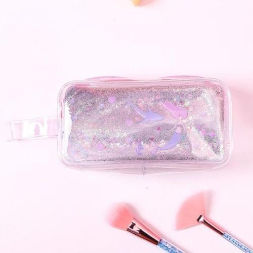 Cute PVC Pig Pattern Pencil Case Colorful Transparent Quicksand Girl Pen Bag Creative Stationery School Supplies(Silver color mermaid)