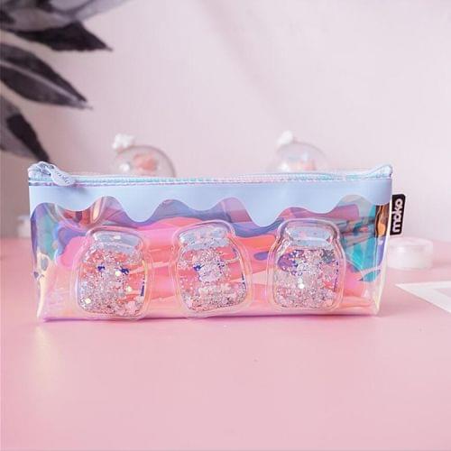 2 PCS Cute Laser PVC Zipper Pencil Box Pen Bag School Supplies Stationery(Blue)