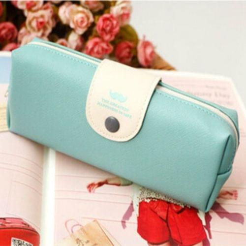 PU Leather Moustache Pattern School Pencil Bag School Supplies Storage Bag(Blue)