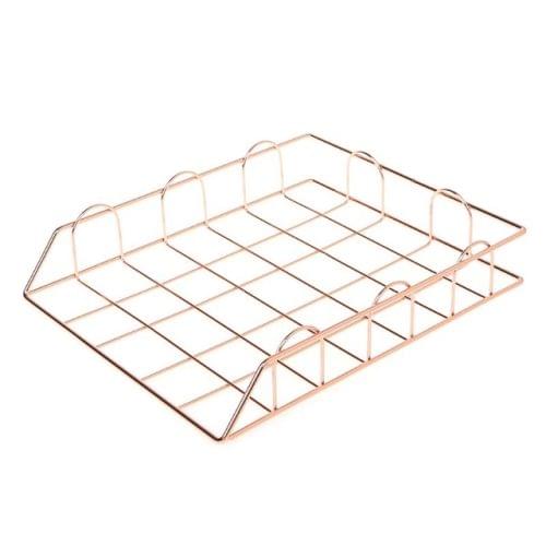 Folding Wrought Iron Letter Magazine Newspaper Holder Storage Rack File Tray Office Desk Organizer Supplies(Rose Gold)