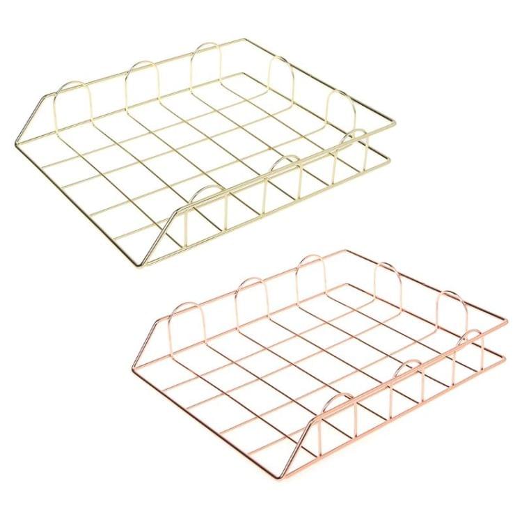 Folding Wrought Iron Letter Magazine Newspaper Holder Storage Rack File Tray Office Desk Organizer Supplies(Rose Gold)