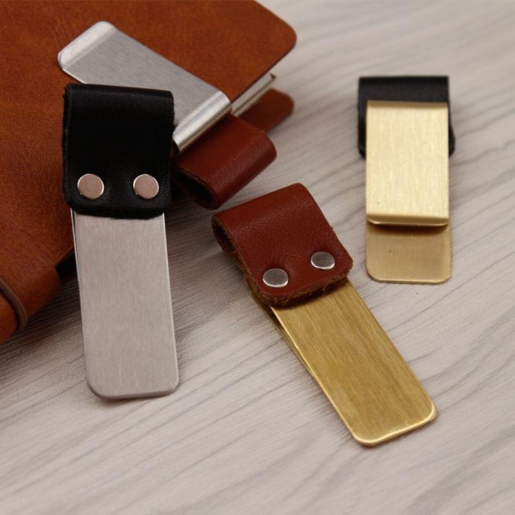 Metal Leather Pen Holder Stainless Steel Pencil Clip Notebook Pen Holder(Gold-Brown)