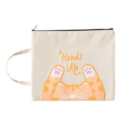 Cute Small Fresh Cartoon Cat A4 File Bag School Office Supplies Canvas Storage Bag(Beige)