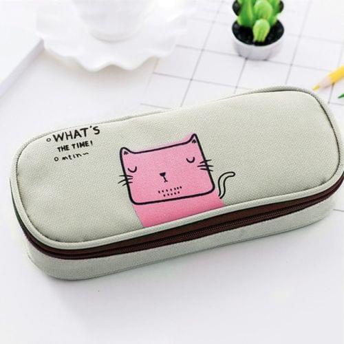 Animals Canvas Zipper Large Capacity Pencil Case Cartoon Flip Top Student Portable School Office Stationery Organizer(Cat)