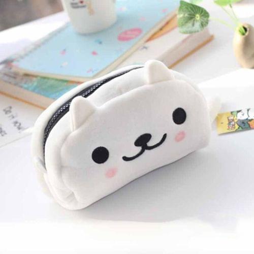 Cute Soft Short Plush Cat Makeup Bag Pen Bag Large Capacity Student Learning Pencil Case(White Cat)