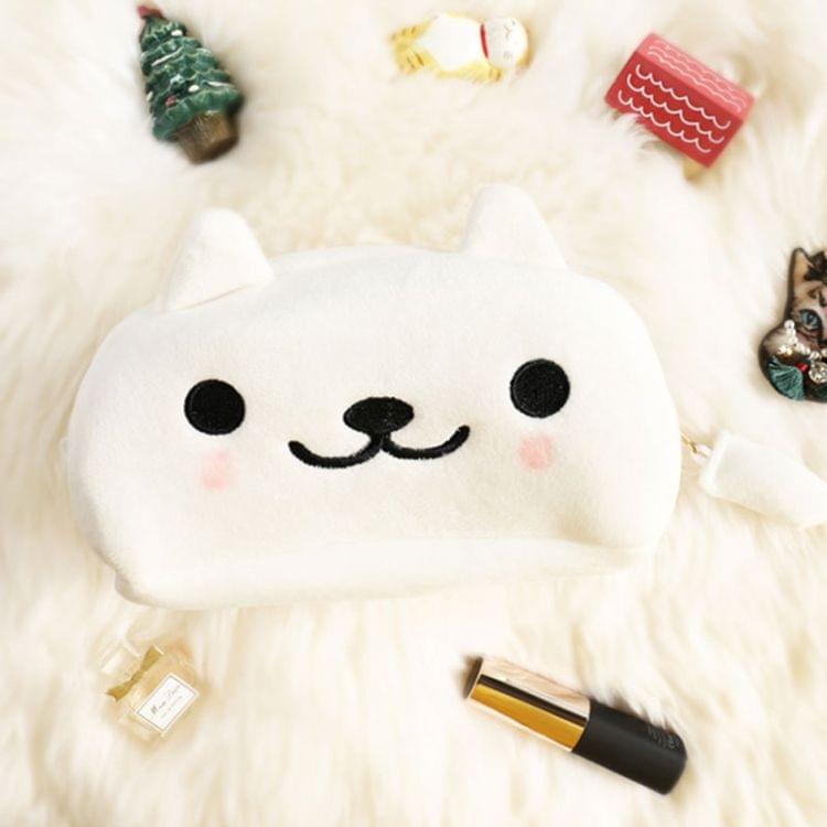 Cute Soft Short Plush Cat Makeup Bag Pen Bag Large Capacity Student Learning Pencil Case(White Cat)