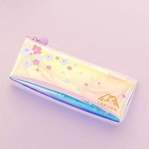 Cute Cherry Blossoms Pencil Case Kawaii Pencil Pouch Creative Laser Pen Case For Girls Gifts School Office Supplies Stationery(Snow mountain floating flowers)