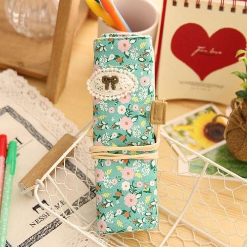 Creative Stationery Canvas Pastoral Style Floral Roll Pen Pencil Case Bag for School Office Supply(Green)