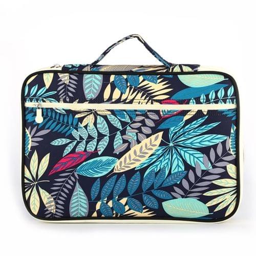 Office Supplies Leaves Pattern Zipper Document Folder A4 Storage Bag (Navy)