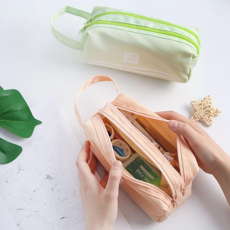 2 PCS Hand-Held Large Capacity Pen Bag Pure Color Double Zipper Pen Bag(Pink)