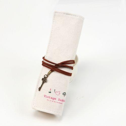 Cute Canvas Bag Holder Roll Up Stationery Pencil Bag Stationery Supplies(Beige)