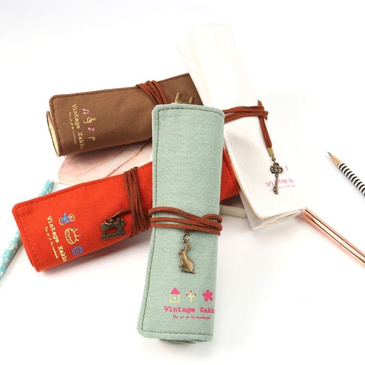 Cute Canvas Bag Holder Roll Up Stationery Pencil Bag Stationery Supplies(Beige)