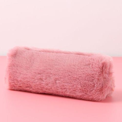 Kawaii Solid Color Plush Pencil Case Girls Large Capacity Pencil Bag Stationery Pencilcase Zipper Pen Box School Supplies(Red)