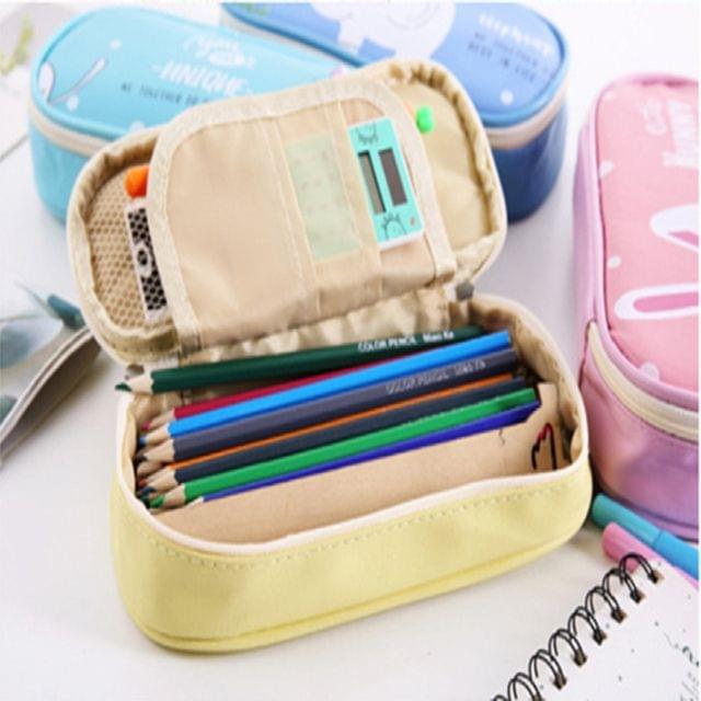 Cute Cat Pattern Pencil Case Girls Boys Large Capacity Multifunctional Leather Pencil Case Big Pencil Bag Pen Box School Stationery(Yellow fawn)