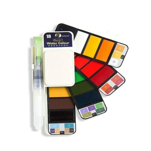 2 PCS Fan-shaped Solid Watercolor Paint Set With Water Brush Pen Foldable Travel Water Color Pigment(18 colors)