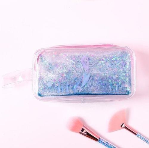 Cute PVC Pig Pattern Pencil Case Colorful Transparent Quicksand Girl Pen Bag Creative Stationery School Supplies(Dark Blue Mermaid)