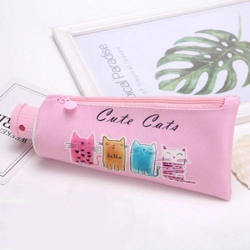 Toothpaste Pencil Case School Pencil Sharpener Pencilcases Stationery Student Zipper Pen Box Leather Pencil Bag(Cute pet cat)