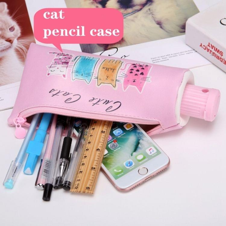 Toothpaste Pencil Case School Pencil Sharpener Pencilcases Stationery Student Zipper Pen Box Leather Pencil Bag(Cute pet cat)