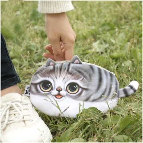 Kawaii Cats Zipper Pencils Bags Cute 3D Plush Pencils Case Large Capacity School Supplies Stationery Pen Box(Long Gray Tail)