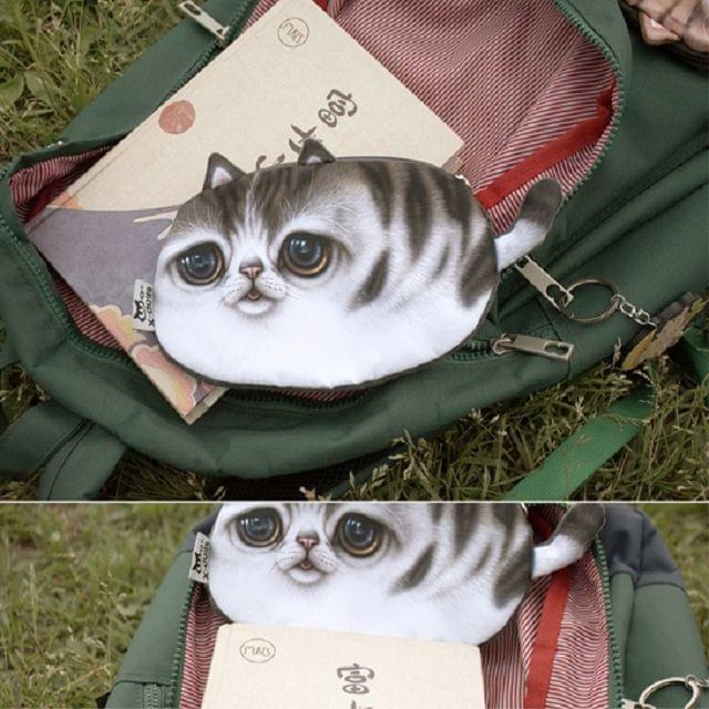 Kawaii Cats Zipper Pencils Bags Cute 3D Plush Pencils Case Large Capacity School Supplies Stationery Pen Box(Long Gray Tail)