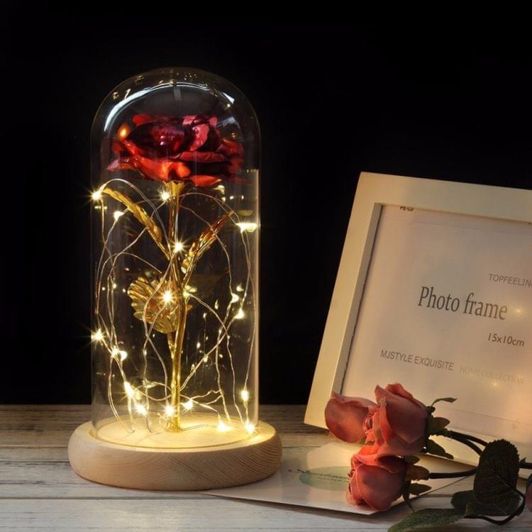 Simulation Roses Lights Glass Cover Decorations Crafts Valentines Day Gifts(Pink)