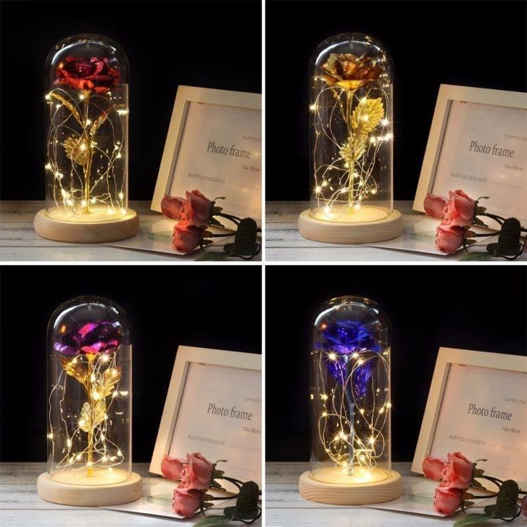 Simulation Roses Lights Glass Cover Decorations Crafts Valentines Day Gifts(Pink)