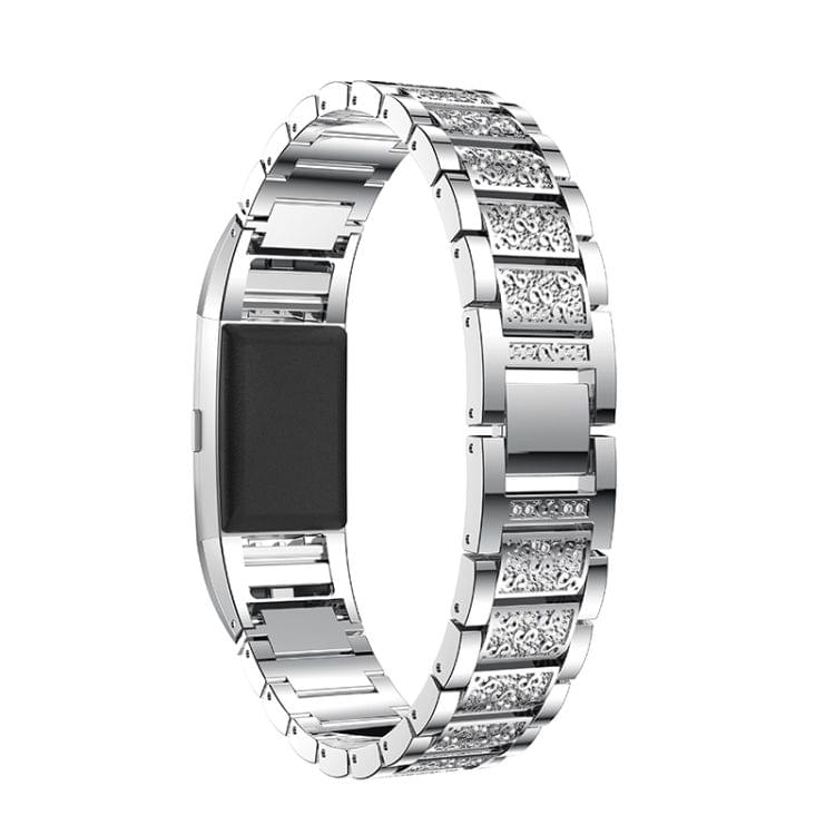 Diamond-studded Solid Stainless Steel Wrist Strap Watch Band for Fitbit Charge 2(Silver)