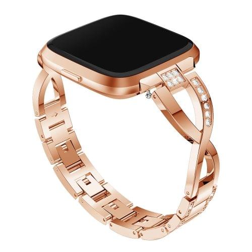 X-shaped Diamond-studded Solid Stainless Steel Wrist Strap Watch Band for Fitbit Versa Lite(Rose Gold)