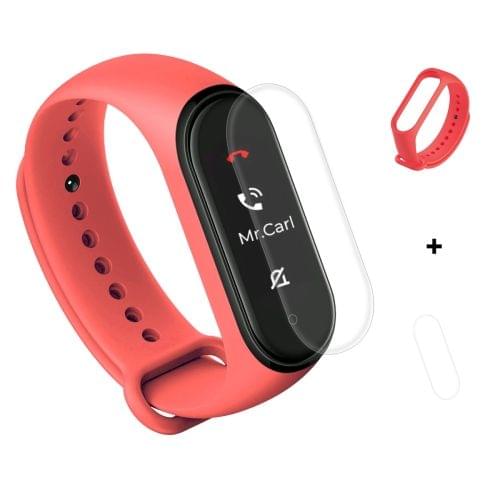 2 in 1 Silicone Rubber Wristband Wrist Band Strap Replacement with TPU Full Coverage Screen Film for Xiaomi Mi Band 4(Red)