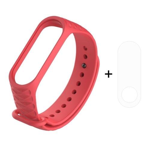 2 in 1 Diamond Texture Silicone Rubber Wristband Wrist Band Strap Replacement with TPU Screen Film for Xiaomi Mi Band 3 (Red)