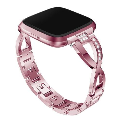 X-shaped Diamond-studded Solid Stainless Steel Wrist Strap Watch Band for Fitbit Versa Lite(Pink)