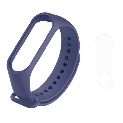 2 in 1 Bracelet Watch Silicone Rubber Wristband Wrist Band Strap Replacement with TPU Screen Film for Xiaomi Mi Band 3 (Navy Blue)