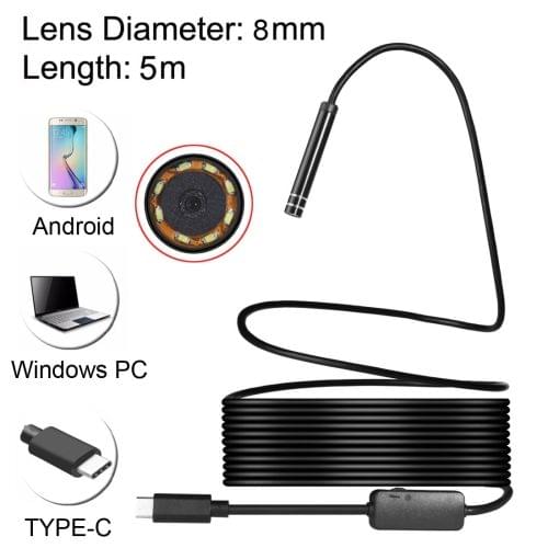 USB-C / Type-C Endoscope Waterproof Snake Tube Inspection Camera with 8 LED & USB Adapter, Length: 5m, Lens Diameter: 8mm