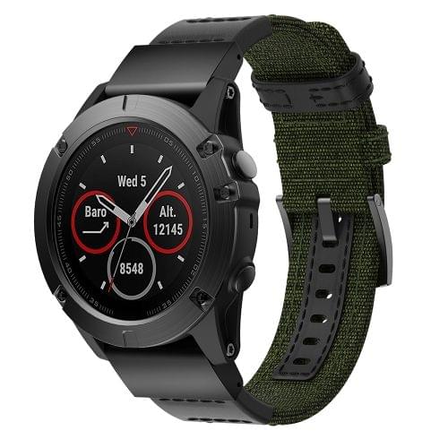 Canvas and Leather Wrist Strap Watch Band for Garmin Fenix5x Plus Fenix3, Wrist Strap Size:150+110mm(Army Green)