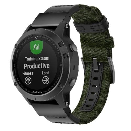 Canvas and Leather Wrist Strap Watch Band for Garmin Fenix5 Plus, Wrist Strap Size:150+110mm(Army Green)