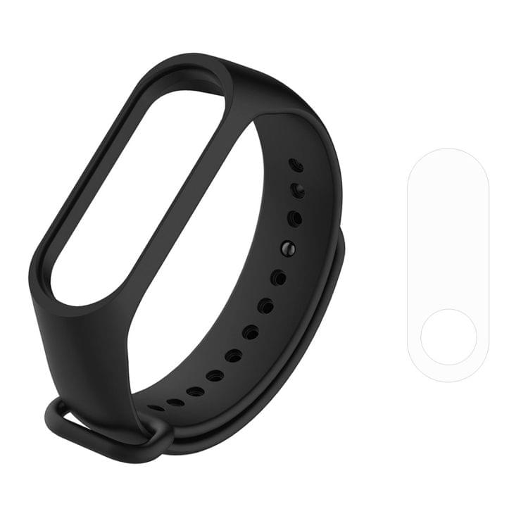 2 in 1 Bracelet Watch Silicone Rubber Wristband Wrist Band Strap Replacement with TPU Screen Film for Xiaomi Mi Band 3 (Black)