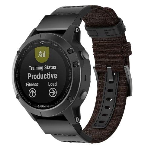 Canvas and Leather Wrist Strap Watch Band for Garmin Fenix5 Plus, Wrist Strap Size:150+110mm(Brown)