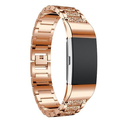 Diamond-studded Solid Stainless Steel Wrist Strap Watch Band for Fitbit Charge 2(Rose Gold)