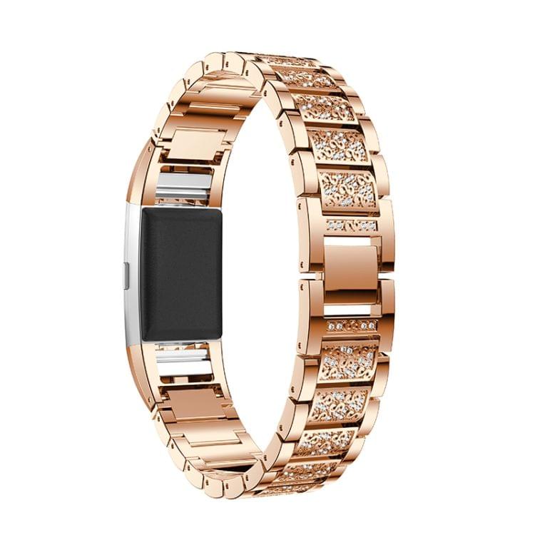 Diamond-studded Solid Stainless Steel Wrist Strap Watch Band for Fitbit Charge 2(Rose Gold)