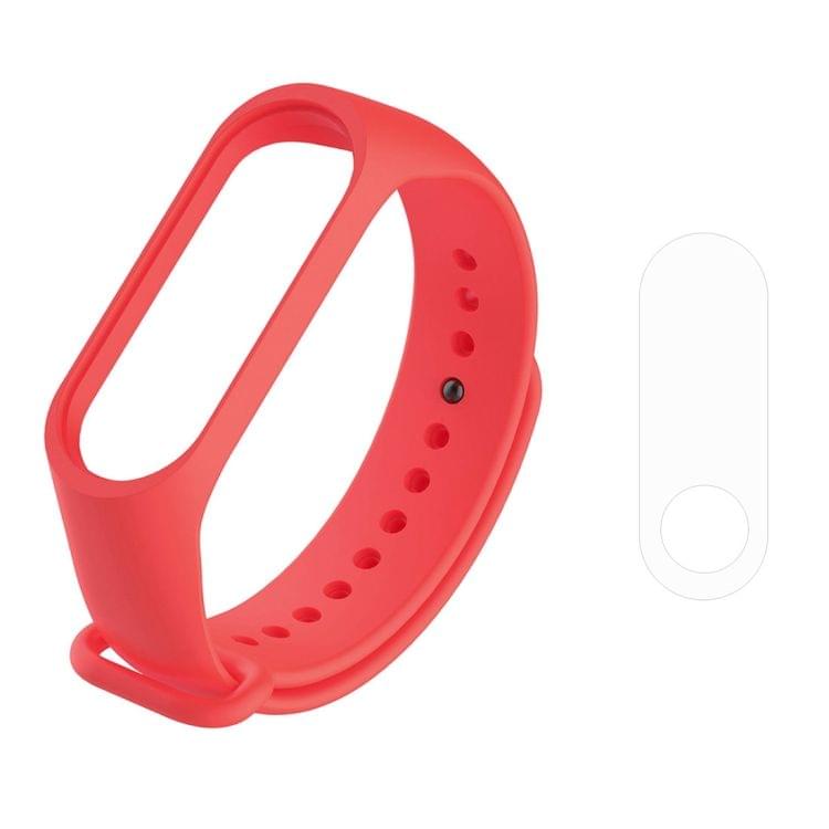 2 in 1 Bracelet Watch Silicone Rubber Wristband Wrist Band Strap Replacement with TPU Screen Film for Xiaomi Mi Band 3 (Red)