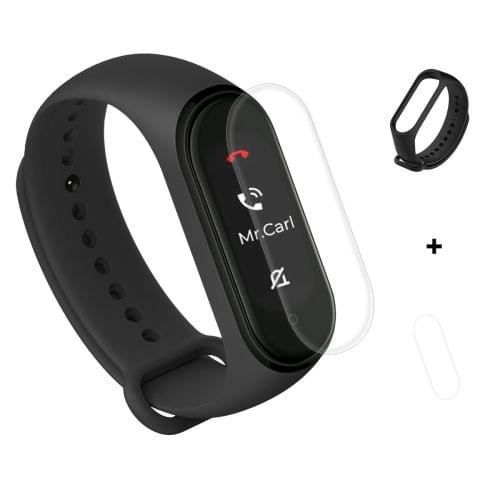 2 in 1 Silicone Rubber Wristband Wrist Band Strap Replacement with TPU Full Coverage Screen Film for Xiaomi Mi Band 4(Black)