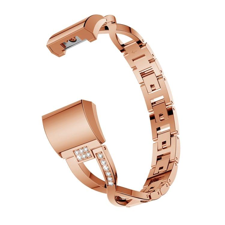 X-shaped Diamond-studded Solid Stainless Steel Wrist Strap Watch Band for Fitbit Charge 2(Rose Gold)