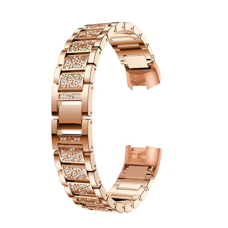 Diamond-studded Solid Stainless Steel Wrist Strap Watch Band for Fitbit Charge 3(Rose Gold)