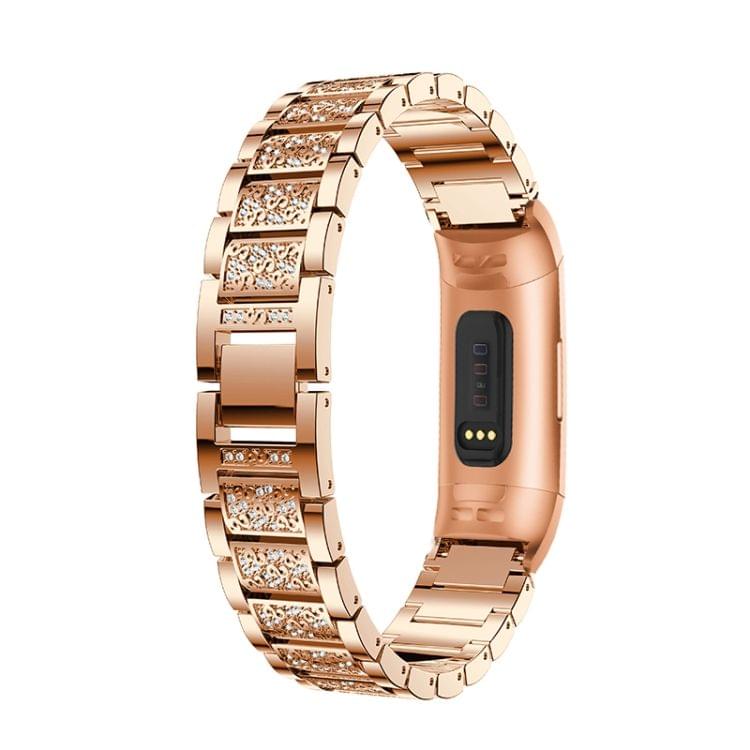 Diamond-studded Solid Stainless Steel Wrist Strap Watch Band for Fitbit Charge 3(Rose Gold)