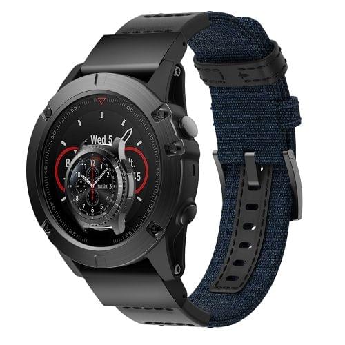 Canvas and Leather Wrist Strap Watch Band for Garmin Fenix5x Plus Fenix3, Wrist Strap Size:150+110mm(Blue)