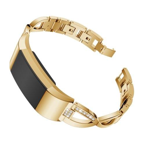 X-shaped Diamond-studded Solid Stainless Steel Wrist Strap Watch Band for Fitbit Charge 2(Gold)