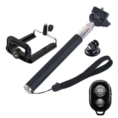 YKD-111 4 in 1 Extendable Handheld Selfie Monopod with Bluetooth Remote Shutter + Clip Holder + Tripod Mount Adapter Set for GoPro NEW HERO / HERO7 /6 /5 /5 Session /4 Session /4 /3+ /3 /2 /1, Xiaoyi and Other Action Cameras